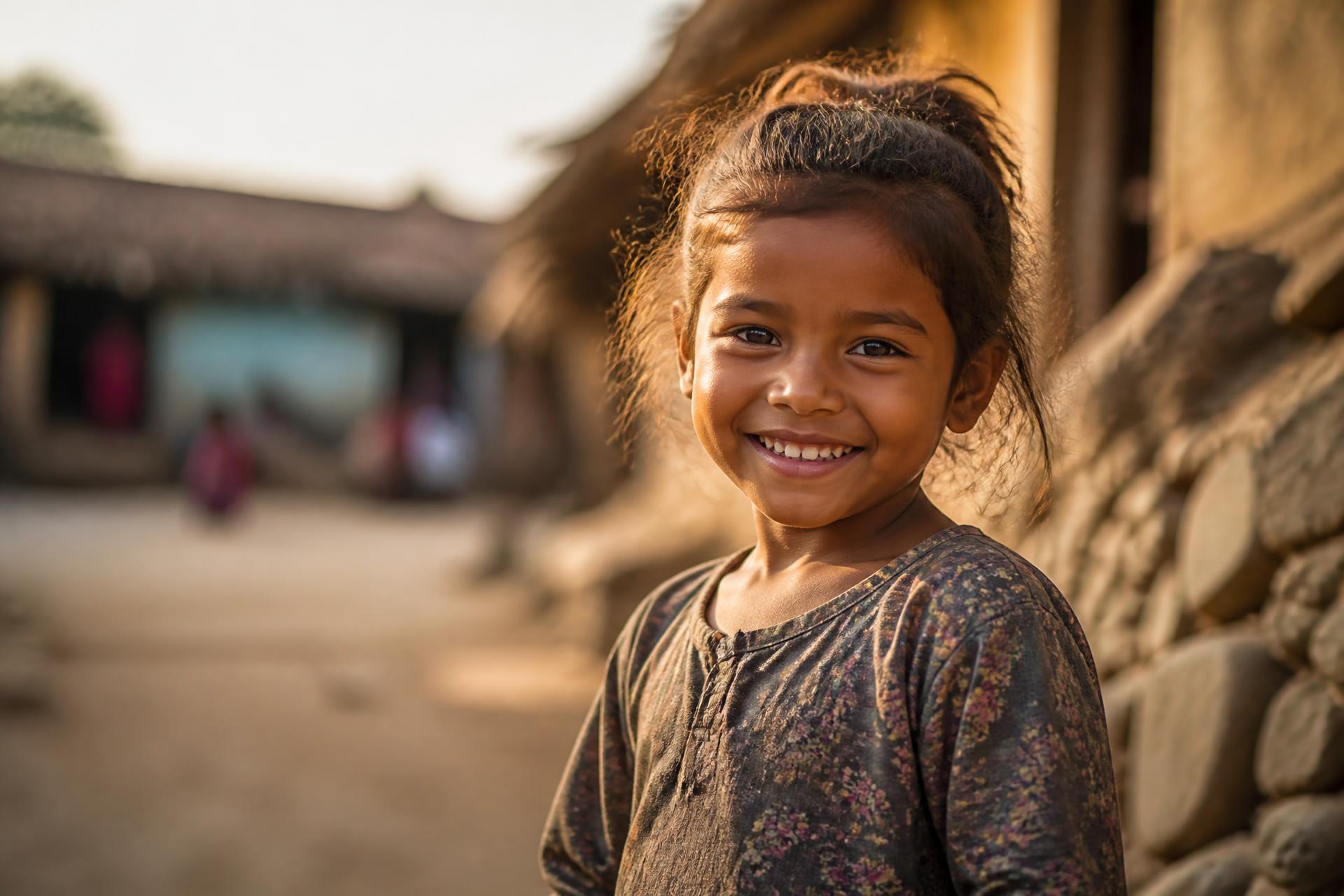 A child smiles warmly in a sunlit village.